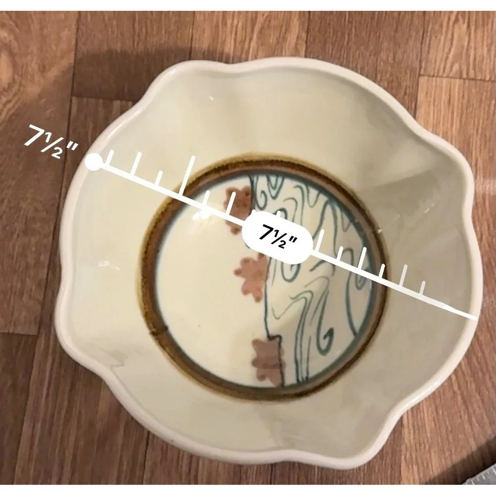 Handcrafted Signed Ceramic Scalloped Bowl White Blue Wave Floral 7.5 Inch